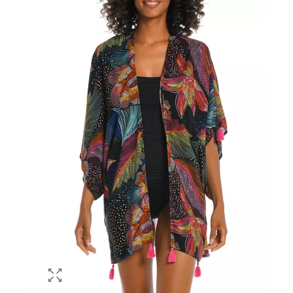 La Blanca Women Tropical Floral Tassel Kimono Cover Up Black Multi One Size